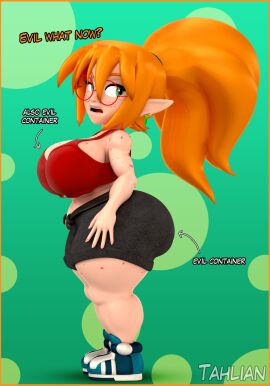 1girls 3d 3d_(artwork) ass big_ass big_breasts breasts bubble_butt clothing confused confusion crop_top dialogue elf elf_female evil_container fat_ass felicia_(tahlian) female female_only freckles glasses huge_ass large_ass looking_back meme orange_hair original png pointy_ears ponytail shoes shorts shortstack side_view solo tahlian text thick_ass thick_thighs wide_hips
