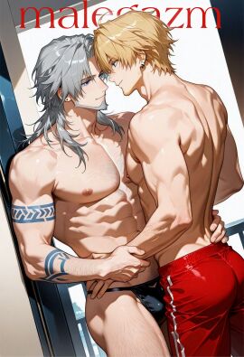 2boys absurdres ai-generated artist_request ass blue_eyes blush dutch_angle highres multiple_boys navel nipples non-web_source nude self-upload source_request star_ocean yaoi