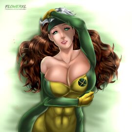 1girls abs anna_marie arms_around_breasts artist_logo bottom_heavy breasts brown_and_white_hair female fit fit_female flowerxl green_eyes hand_on_head large_breasts light-skinned_female light_skin long_hair looking_at_viewer lying marvel marvel_comics muscular muscular_female mutant red_lipstick rogue_(x-men) x-men yellow_gloves