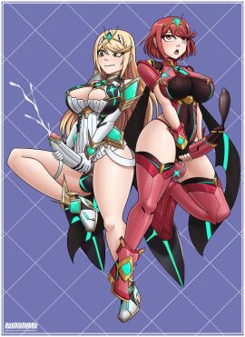 2futas absurdres ahe_gao armor artist_name balls bare_shoulders big_breasts black_gloves blonde_hair blush breasts cleavage closed_mouth clothed clothing clothing_cutout cock_sleeve cock_sleeve_(clothes) cum dress duo earrings ejaculation elbow_gloves erection eyelashes fingerless_gloves full_body futa_only futanari gem genitalwear gloves hair_ornament hairband headpiece highres huge_cock human intersex jewelry kushishekku large_breasts large_penis leotard light-skinned_futa light_skin long_hair masturbation mostly_clothed mythra mythra_(xenoblade) orgasm pale_skin penis piercing pyra pyra_(xenoblade) red_eyes red_footwear red_hair red_shorts red_thighhighs shoes short_hair short_shorts short_sleeves shorts side_cutout sidelocks skindentation smile swept_bangs testicles thighhighs tiara turtleneck two-handed_masturbation underbust vambraces very_long_hair white_dressyellow_eyes xenoblade_(series) xenoblade_chronicles_2