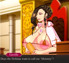 1girls 2024 2d 2d_(artwork) ace_attorney ace_attorney_investigations:_prosecutor's_gambit alternate_breast_size alternate_version_available artist_name asymmetrical_bangs barely_clothed beauty_mark beauty_mark_on_breasts beauty_mark_under_mouth big_lips bikini bikini_top bimbo bimbo_body bimbo_lips bimbo_magatama bimbofication bimbofied bra braid braided_hair breasts breasts_bigger_than_head brown_eyes brown_hair brunette_hair capcom cape capelet character_name cleavage clothed clothed_female courtroom dialogue dialogue_box ear_ring earring earrings english english_text eyelashes eyeliner female female_only full_lips game_screenshot_background gavel gyakuten_kenji_2 gyakuten_saiban hair_over_one_eye hakari_mikagami heart-shaped_pupils hi_res high_resolution highres hoop_earrings hoop_rings huge_areolae huge_breasts human human_only judge justine_courtney karfound large_areolae leopard_print leopard_print_bikini leopard_print_bra light-skinned_female light_skin lipstick long_bangs magatama magatama_necklace makeup micro_bikini micro_bikini_top micro_bra milf mole mole_on_breast mole_under_mouth mommy necklace open_eyes partially_clothed pink_lips pink_lipstick seductive seductive_look shiny_skin smooth_skin solo text text_box thick_lips thin_eyebrows top_heavy upper_body verity_gavelle white_cape white_capelet