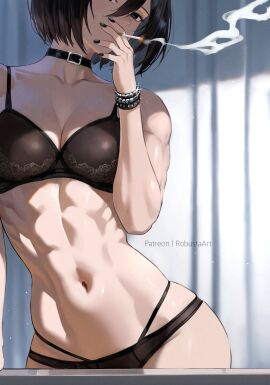 1girls 2d abs asian athletic athletic_female attack_on_titan big_breasts black-haired_female black_hair black_nails bra bracelet breasts choker cigarette female female_only fit_female hips light-skinned_female light_skin lingerie looking_at_viewer mikasa_ackerman muscular muscular_female pale-skinned_female pale_skin panties robustaart shingeki_no_kyojin slim_waist smoke smoking smoking_cigarette solo solo_female