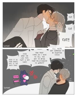 acting actor alien_stage angry black_hair black_shirt closed_eyes director ear_piercing earrings english_text gay gloves grabbing_hair grabbing_head grabbing_legs grey_hair hand_on_chest ivan_(alien_stage) kissing makeout making_out male male_only multiple_boys multiple_males public text till_(alien_stage) white_shirt working working_buddies! yaoi young