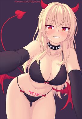 blonde_hair demon devil_horns halloween inmon panties patreon patreon_username pubic_tattoo smug spiked_collar succubus tail tiffy tiffynyaa