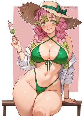 1girls alternate_version_available big_breasts bikini bikini_bottom bikini_top blush bottomwear breasts cetta_(cettadvd) cleavage demon_slayer female female_only green_bikini green_eyes green_highlights hair hat headwear hips holding_object huge_breasts kanroji_mitsuri kimetsu_no_yaiba mole mole_under_eye open_shirt pink-haired_female pink_hair shirt solo solo_female straw_hat swimwear thick_thighs thighs tongue tongue_out topwear white_shirt wide_hips