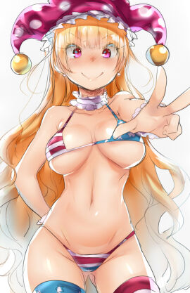 aged_up alternate_legwear american_flag american_flag_bikini american_flag_print bikini blonde_hair blush breasts cleavage clownpiece collarbone contrapposto female female_focus flag_print gluteal_fold hand_on_own_hip hat jester_cap long_hair looking_at_viewer medium_breasts naso4 navel pink_eyes print_bikini simple_background smile solo standing swimsuit thighhighs touhou very_long_hair wavy_hair white_background