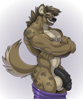 anthro balls biceps big_penis black_nose black_penis brown_body brown_fur brown_hair brown_spots brown_tail claws dissimulated ear_piercing eyebrows fur genitals hair hi_res humanoid_genitalia humanoid_penis hyena male mammal markings muscular muscular_anthro muscular_male nipples nude penis piercing solo spots spotted_body spotted_hyena tail trystan_(dissimulated) vexedlupine yellow_eyes