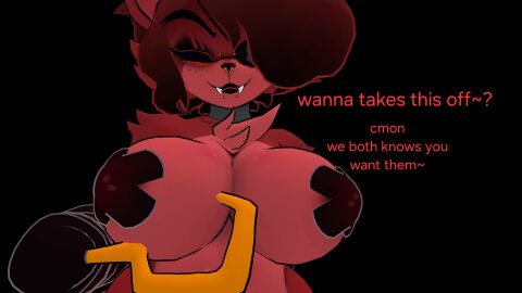 big_breasts fexa_(cryptia) fnaf fox fox_ears foxy_(fnaf) fredina's_nightclub furry half_nude hook teasing text vrchat