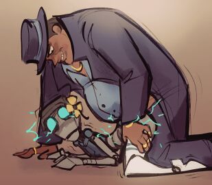 anal anal_penetration anal_sex blue_eyes diegothedog doggy_style electric_shock electricity electronics fat_male femboy femboy_penetrated flower_on_head gay hat height_difference italian italian_guy italian_male leaning mafioso male male/male male_only mechanical mobster mobster_(team_fortress_2) monster_femboy on_the_floor robot robot_boy robot_femboy robot_on_human robot_scout scout_(team_fortress_2) simple_background size_difference smirk stockings suit tagme team_fortress_2 trembling trembling_for_pleasure weight_difference