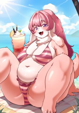 absurd_res beverage bikini bikini_top clothing detailed_background eyelashes fur hair hi_res holding_beverage holding_object kicktyan looking_at_viewer mammal multicolored_body navel on_towel open_mouth outside overweight pattern_clothing pattern_swimwear pink_hair pupils purple_eyes sitting smile striped_clothing striped_swimwear stripes swimwear towel two-piece_swimsuit