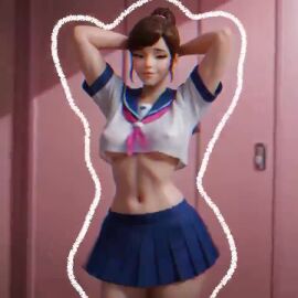 ai_generated d.va dancing game locker_room looking_at_viewer looking_pleasured overwatch overwatch_2 school_uniform schoolgirl small_breasts tagme thin_female thin_waist video