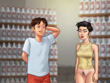 1boy 1girls 2d after_orgasm after_sex black_hair bottomless breasts brown_hair clothed clothing cum_on_clothes cum_on_clothing cum_stain darkcookie digital_drawing_(artwork) digital_media_(artwork) female half-dressed half_naked hand_on_head horny horny_female horny_male khadne_(summertime_saga) light-skinned_female light_skin looking_at_partner looking_down main_character_(summertime_saga) male male/female messy_hair post-orgasm pubic_hair pussy pussy_lips russian russian_female satisfied satisfied_look smile smiling standing summertime_saga tank_top two-tone_hair underboob_titfuck vagina