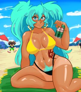 1girls 2024 beach bikini blue_eyes brazil brazilian brazilian_female brazilian_miku breasts cleavage cyan_eyes cyan_hair dark-skinned_female dark_skin drink dripping ear_piercing earrings excessive_pubic_hair female female_focus female_pubic_hair hatsune_miku highres i_just_love_latinas_sonic large_breasts latin_american_hatsune_miku_(meme) latina lazergroove long_hair looking_at_viewer parasol pubes pubic_hair pubic_hair_peek sand sea sega shadow_the_hedgehog shadow_the_hedgehog_tattoo solo_focus sonic_(series) tan_skin tanline tattoo thick_thighs twintails very_long_hair vocaloid