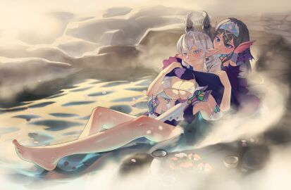 2girls barefoot biting biting_ear blue_eyes bowl bra breasts chinese_commentary covered_nipples demon demon_girl demon_horns diadem duel_monster feet female fins food grey_eyes grey_hair head_fins highres horns hug jar kitkallos_(yu-gi-oh!) labrynth_of_the_silver_castle large_breasts light_blush long_hair lovely_labrynth_of_the_silver_castle multiple_females multiple_girls onsen outdoors partially_submerged petals rare_lemon sleeves_past_wrists steam sushi tearlaments_kitkallos tearlaments_series_(yu-gi-oh!) toes underwear yu-gi-oh! yuri