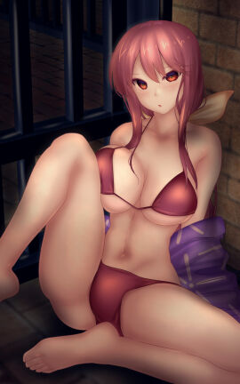 1girls 2d barefoot belly belly_button big_breasts bikini bikini_bottom bikini_top bondage breasts cell female hair_ribbon implied_bondage junihitoe kotohime kotohime_(touhou) long_hair looking_at_viewer lying lying_on_floor open_mouth police_officer ponytail princess red_eyes red_hair royalty shounen_(hogehoge) shounen_f sidelocks solo source tied_hair touhou touhou_(pc-98)
