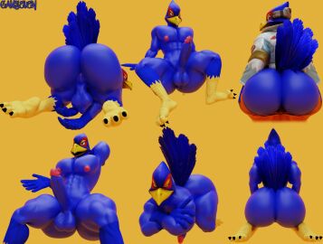 3d_(artwork) abs anthro ass avian backsack balls ballsack beak big_ass big_butt bird blue_body blue_feathers camseven claws clothing digital_media_(artwork) falco_lombardi feathers genitals hi_res jacket looking_at_viewer looking_back looking_back_at_viewer male nintendo nipples nude nude_anthro nude_male pecs penis simple_background solo star_fox tail tail_feathers toe_claws topwear yellow_background yellow_beak yellow_talons