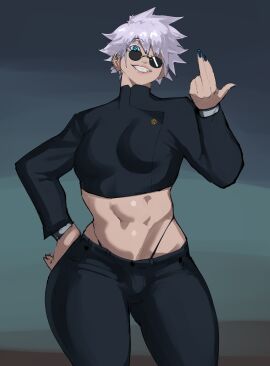 1boy abs axred7 big_breasts black_nails blue_eyes breasts bulge curvy femboy glasses grin highleg jujutsu_kaisen lipstick male male_only no_text_version rule_63 satoru_gojo short_hair smile solo thong thong_straps white_hair