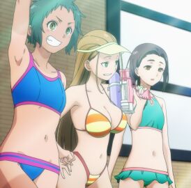 1girls 3girls akane_tamao big_breasts bikini black_hair blonde_hair breasts busty cleavage confident female female_only forehead green_eyes grin hand_on_own_hip kaii_to_otome_to_kamikakushi kuwashima_mari large_breasts leaning_forward legs long_hair multiple_females multiple_girls navel one-piece_swimsuit pose posing screencap sensual short_hair smile solo stitched swimsuit tan tanline thighs third-party_edit thong_bikini usami_erika yellow_eyes