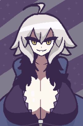 1girls ahoge big_breasts breasts cleavage fate/grand_order fate_(series) female female_only gensin grey_hair jeanne_alter light-skinned_female light_skin looking_at_viewer pixel_art simple_background solo tagme yellow_eyes