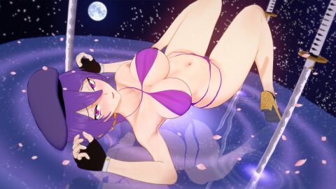 1girls 3d beret big_breasts bikini braid braided_hair braided_ponytail breasts busty cleavage female female_only fingerless_gloves hi_res legs long_hair looking_at_viewer lying melty_blood navel pose posing purple_bikini purple_eyes purple_hair seductive seductive_look seductive_smile sensual sexy sexy_pose sion_eltnam_atlasia solo sword thighs toned tsukihime underboob voluptuous weapon