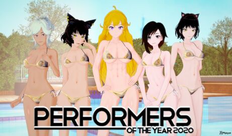2020 5girls arrancon bikini bikini_bottom bikini_top black-haired_female black_hair blake_belladonna blonde_female blonde_hair cat_ears female golden_bikini grey-haired_female grey_hair half-dressed kali_belladonna long-haired_female long_hair milf performance pool purple_eyes red_highlights robyn_hill ruby_rose rwby silver_eyes yang_xiao_long yellow_eyes