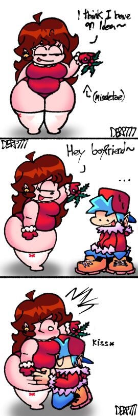 1boy 1girls auburn_hair blue_hair blue_pants blush boots boyfriend_(friday_night_funkin) christmas christmas_clothing christmas_outfit chubby chubby_female derp777 dialogue fat fat_female female friday_night_funkin girlfriend_(friday_night_funkin) height_difference kissing kissing_belly male mistletoe pink_skin red_cap red_hair red_jacket red_one-piece_swimsuit shocked shocked_expression smirk tagme text thighhighs white_background