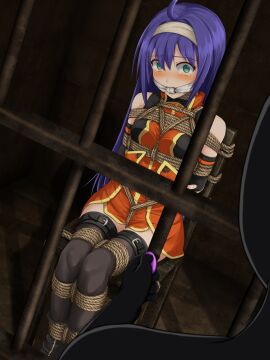 1girls ahoge bare_thighs belt blush bondage boots bound bound_arms bound_legs bound_to_chair bound_wrists breasts captured chair cleave_gag crying crying_with_eyes_open dress dungeon female female_focus femsub femuto fingerless_gloves fire_emblem fire_emblem:_path_of_radiance fire_emblem:_radiant_dawn gag gloves green_eyes headband imminent_rape improvised_gag indoors knot_gag long_hair looking_at_viewer medium_breasts mia_(fire_emblem) nintendo prison_bars purple_hair pussy remote_control remote_control_vibrator restrained rope rope_bondage scared sex_toy sitting sleeveless solo_focus sweater thighhighs thighs vaginal_penetration very_long_hair vibrator wide_eyed