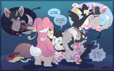 absurd_res animal_genitalia anthro anus arms_tied assisted_sex audino backsack balls ballsack bondage bound bow_ribbon clothed clothing clothing_theft collar crossdressing dialogue dressing_another dressing_up emolga english_text female feral flashy_(darkyplz) foreskin fully_sheathed generation_5_pokemon genitals group heart_symbol hi_res humanoid_genitalia humanoid_penis imminent_anal legwear lytte_(audino) male male/male mammal minccino nintendo panties penis pokemon pokemon_(species) presenting_another questionable_consent rodent sheath spread_anus spreading stealing stockings text thief_minccino trio uncircumcised underwear wolfluffyfly