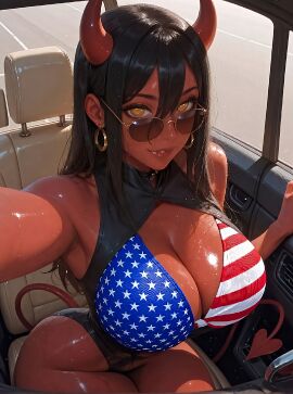 4th_of_july ai_generated america american_flag_bikini american_flag_bikini_top american_flag_print bikini black_hair breasts car cleavage day day_time demon demon_female demon_girl demon_horns demon_tail demonic female fourth_of_july glasses hi_res hires holidays horns inside_car large_breasts long_hair looking_at_viewer original_character patriot patriotic patriotism red_skin selfie sitting stars stars_and_stripes straight_hair stripes tail taking_selfie united_states united_states_of_america wearing_glasses yellow_eyes