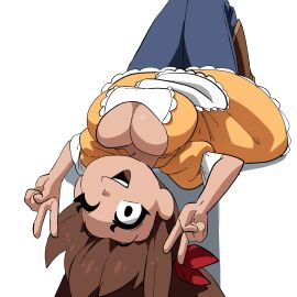 big_breasts boob_window breasts brown_hair cleavage coolerinker cow_headband female inker_comics inkershike jeans long_hair mona_(inker_comics) original peace_sign upside-down yellow_dress