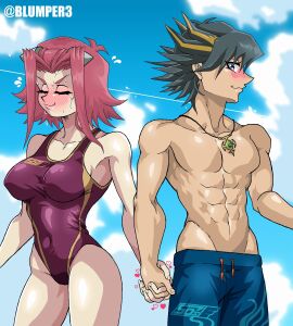 akiza_izinski blumper3 breasts curvy curvy_figure dark-skinned_male dark_skin female fudo_yusei highres holding_hands huge_breasts izayoi_aki light-skinned_female light_skin male multicolored_hair nervous nervous_sweating one-piece_swimsuit pale-skinned_female pale_skin red_hair sky sweat swimsuit toned toned_male yu-gi-oh! yu-gi-oh!_5d's yusei_fudo