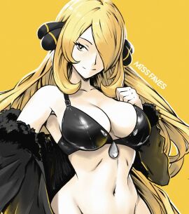 1girls arm_up artist_name bangs bangs_over_one_eye big_breasts bikini black_bra blonde_hair bra breasts coat cynthia_(pokemon) female forearms_at_chest fur_trim fur_trimmed_coat grey_eyes hair_accessory hair_bobbles hair_ornament hair_over_one_eye jacket jacket_off_shoulders leather_bra long_hair long_sleeves looking_at_viewer missfaves monochrome navel off_shoulder ornaments partially_nude pokemon pokemon_dppt sidelocks smile solo very_long_hair white_outline yellow_background yellow_eyes yellow_theme