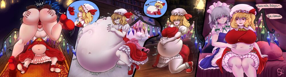 2d ass belly belly_rub big_ass big_belly big_breasts breasts chubby clothed digestion digestion_noises embodiment_of_scarlet_devil female flandre_scarlet gulp gulping nue_houjuu sakuya_izayoi spaghetticultists squirming struggling struggling_prey swallowed_whole swallowing touhou vore