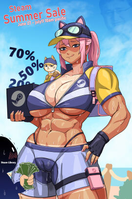 1girls 2d 2d_(artwork) 2d_artwork backpack baseball_cap big_breasts bike_shorts blue_eyes blushing breasts cat cat_ears dark-skinned_female dark_skin english_text f.b.w female fit fit_female gabe_newell giantess goggles hat headwear height_difference imminent_sex implied_sex large_female larger_female licking_lips logo mini_giantess muscular muscular_female pink_hair ponytail pussy pussy_juice pussy_juice_drip pussy_juice_drip_through_clothes sale shaded simple_background size_difference snu-snu steam_delivery_girl sweat sweaty taller_female tan-skinned_female tan_body text thick_thighs tongue tongue_out valve wholesome