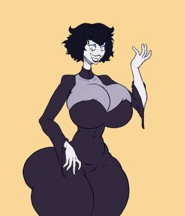 1girls 3/4_view ass ass_bigger_than_head bangs bat's_nest_hair big_breasts boob_window breasts casual casual_nudity cleavage clothed clothed_female dress female female_only fishnet freckles gorossy gorossy_(artist) goth huge_ass huge_breasts looking_at_viewer massive_ass mature_female milf monique_(gorossy) no_bra older_female original original_character pale_skin piercing see-through sharp_teeth short_hair smile teasing thick_thighs thin_waist tight_clothing tight_dress voluptuous wide_hips witch