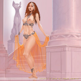 1girls anklet boobs bracelet breasts brown_hair chain_jewelry curly_hair female female_only frans_mensink harem_girl harem_outfit large_breasts multicolored_hair original original_character pussy shaved_pussy slave slave_girl slave_outfit solo solo_female statue vagina veil white_hair