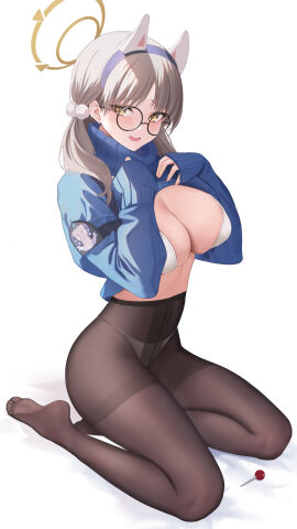 abab_xiaxia animal_ears ankles black_legwear black_pantyhose blue_archive blue_hairband blue_sweater blue_topwear blush blush_lines blushing_at_viewer blushing_female bra breasts brown-haired_female brown_eyebrows brown_hair calves candy cleavage clothes_lift embarrassed embarrassed_female fake_animal_ears feet female food full_body glasses grey-framed_eyewear groin hair_ornament hairband halo hand_on_breast hand_on_chest hand_on_own_breast hand_on_own_chest heels hips knees large_breasts legs legwear light_brown_hair lollipop long_hair long_sleeves looking_at_viewer midriff moe_(blue_archive) nipple_bulge no_shoes open_mouth open_mouth_smile panties pantyhose parted_lips pom_pom_(clothes) pom_pom_hair_ornament rabbit_ears round_eyewear saeu seiza sitting slender_body slender_waist slim_female slim_waist soles solo sweater sweater_lift thick_thighs thighband_pantyhose thighs thin_waist toes topwear topwear_lift twintails twintails_(hairstyle) underwear v-line waist white_background white_bra white_panties white_underwear yellow-eyed_female yellow_eyes yellow_halo