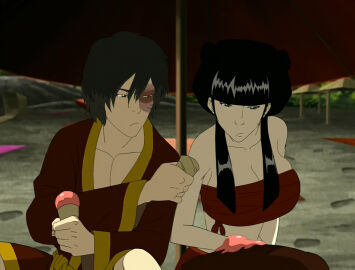 1boy avatar_the_last_airbender beach beach_umbrella big_breasts breasts canon_couple cleavage female food ice_cream large_breasts mai_(avatar) male noblewoman outdoors prince screencap screenshot screenshot_edit umbrella zuko