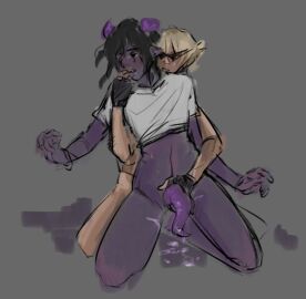 alien black_hair blonde-haired_male blonde_hair bottomless colored_skin dickmien dirk_strider grey_skin homestuck homestuck_oc homestuck_troll horn horns interspecies male male_focus male_only mouth_hold oc_x_canon open_mouth penis short-haired_male short_hair spiky_hair sunglasses tentabulge tentacle_penis troll