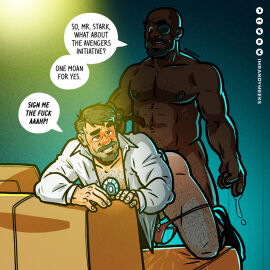 2boys abs anal ass bald bald_male balls bara beard body_hair brown_eyes button_down_shirt couch dark-skinned_male dark_skin dilf eyepatch facial_hair from_behind hairy hairy_male half-dressed iron_man iron_man_(series) light-skinned_male light_skin male male_only maledom malesub marvel marvel_cinematic_universe marvel_comics muscular muscular_male mustache naked nick_fury_(nicholas_junior) nipples nude open_shirt penetration randyslashtoons s.h.i.e.l.d. sex stain testicles thong tie two-tone_hair yaoi