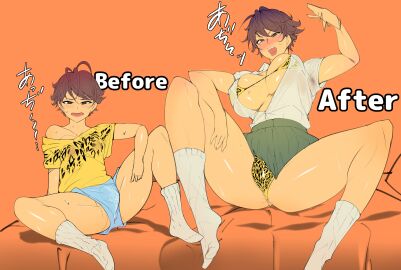 1futa :d absurdres age_progression animal_print ass bare_shoulders before_and_after black_eyes blush bra breasts brown_eyes brown_hair bulge cleavage feminization futanari highres intersex kneehighs kuma8132 large_breasts leopard_print looking_at_viewer male medium_breasts nikurotsuchi_hoshi open_mouth original panties pleated_skirt school_uniform short_hair sitting skirt smile socks spread_legs sweat tan_skin teeth underwear white_socks