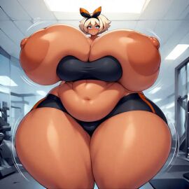 ai-generated alternate_breast_size amber_eyes artist_(darkshira_) ass_expansion bea_(pokemon) big_ass big_breasts breast_expansion breasts chubby chubby_belly chubby_female darkshira expansion female gym_clothes gym_clothing owner_(darkshira_) pokemon pokemon_swsh self_upload tan tan_female thick_female thick_thighs
