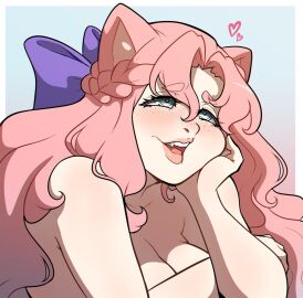 1girls arm_support blue_eyes blush cat_ears cat_girl catgirl female female_only freckles hair_ribbon heart-shaped_pupils highres kinkymation leaning_on_elbow long_hair nude nude_female original pink_hair priscilla_(kinkymation) smile solo three-quarter_portrait wholesome zodicat