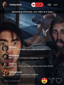 1girls 3boys 3d age_difference asphyxiation breasts cheating_girlfriend cuckquean currysfm ellie_(the_last_of_us) ellie_williams english_text female jesse_(the_last_of_us) joel_miller light-skinned_female light-skinned_male light_skin livestream male male_focus medium_breasts meme missionary_position multiple_boys multiple_males netorare ntr older_male older_penetrating_younger orientation_play pointing_soyjak sex snapchat social_media straight text the_last_of_us the_last_of_us_2 voyeur_pov voyeurism watching younger_female