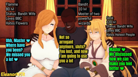 1boy 2girls 3d ahe_gao ass bald bald_male balls bed bedding_background bedroom bedroom_setting bedroom_sex big_ass big_balls big_breasts big_butt big_nipples big_penis big_thighs black_penis breasts busty busty_female corruption couch couch_sitting curvy curvy_figure dark-skinned_male dark_skin defeat defeat_sex defeated defeated_heroine dialogue dominant_male eleanor_ntr elf english_text fat_ass female flamme flamme_(sousou_no_frieren) game_over gameplay_mechanics green_eyes huge_breasts hypnosis inside interracial koikatsu large_ass level_difference light-skinned_female light_skin male milf mind_break mind_control multiple_females multiple_girls open_mouth penetration penis serie_(sousou_no_frieren) sitting_on_couch small_breasts smile sousou_no_frieren speech_bubble straight submissive submissive_female tagme text