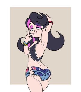 1boy 2d ass australian_flag big_ass booty_shorts clothed crop_top crossdressing femboy femboy_only feminine_body feminine_male guy_hamdon liquorice long_hair looking_back male male_only rear_view revealing_clothes shezow shezow_(character) short_shorts simple_background solo tongue tongue_out white_border