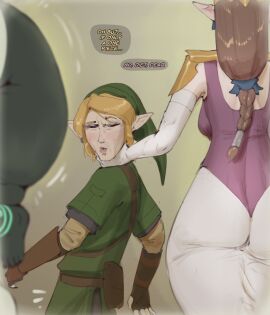1boy 2girls ass big_ass big_butt blonde_hair brown_hair comedy english_text female humorous imp_midna link male meme midna multiple_females multiple_girls princess_zelda shortstack steely_bird text the_legend_of_zelda zelda_(twilight_princess)