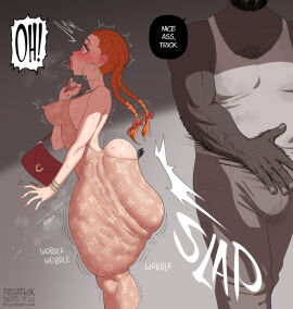 1boy 1girls ass ass_focus ass_slap big_ass bimbo blue_eyes blushing bodysuit braid braided_hair braided_twintails bubble_butt cellulite dark-skinned_male dark_skin earrings embarrassed embarrassed_female english english_text enormous_ass fat_ass fellatrix female female_focus gigantic_ass heels high_heels hoop_earrings huge_ass interracial light-skinned_female light_skin lipedema lipstick looking_back louis_vuitton male mary_lou_(fellatrix) nipple_bulge nipples_visible_through_clothing orange_hair original qos qos_clothing queen_of_spades queen_of_spades_symbol red_hair red_head red_lipstick round_ass side_view slap slapping_ass slapping_butt solo_focus spanked_butt spanking squirting straight sweat sweating thick thick_ass thick_thighs thighs viewed_from_side wet_skin