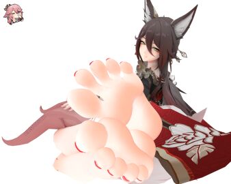 2d 2girls 3d animal_ear_fluff animal_ears barefoot brown_hair feet female female_only foot_fetish fox_ears fox_girl fugue_(honkai:_star_rail) genshin_impact green_eyes hair_between_eyes honkai:_star_rail honkai_(series) kitsune looking_at_viewer multiple_females multiple_girls pink_hair purple_eyes red_nails soles tagme tingyun_(honkai:_star_rail) toes white_background yae_miko