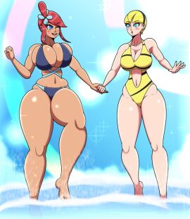 2girls alternate_breast_size arm_up arms bangs beach belly_button bikini bikini_bottom bikini_top blonde-haired_female blonde_female blonde_hair blue_eyes blush breast_awe breasts breasts_squeezed_together cleavage clothed clothed_female clothing clouds curvaceous curves curvy curvy_body curvy_female curvy_figure cutout elesa_(pokemon) elesa_(pokemon_bw) eyebrows eyebrows_visible_through_hair eyelashes feet female female_only fingers game_freak gym_leader hair hair_tie happy headband hips holding holding_hands huge_breasts human justdrawingjake legs lesbian_couple light-skinned_female light_skin long_legs navel nintendo no_sex one_eye_closed open_mouth outdoors outside pale-skinned_female pale_skin pokemon pokemon_bw red-haired_female red_hair sea seaside short_hair sky skyla_(pokemon) smile sparkles splashing splashing_water standing straps sunlight swimsuit swimwear tan_skin tan_skinned_female teeth thick_thighs thighs tongue upper_teeth voluptuous voluptuous_female water yellow_hair yuri